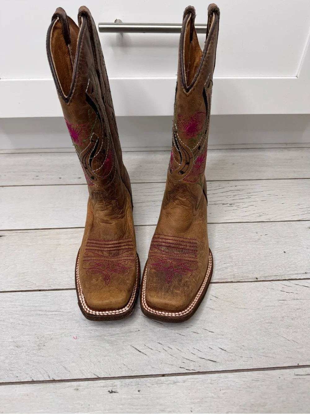 Corral Teens A0007 Western Brown Leather Floral Square Toe Boots Teen Sz 3 T